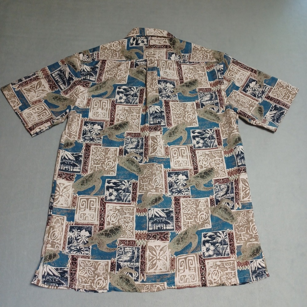 Tropical Storm Mens Medium Hawaiian Shirt Sea Turtle Palm Tree Blue‎ Tan Print M